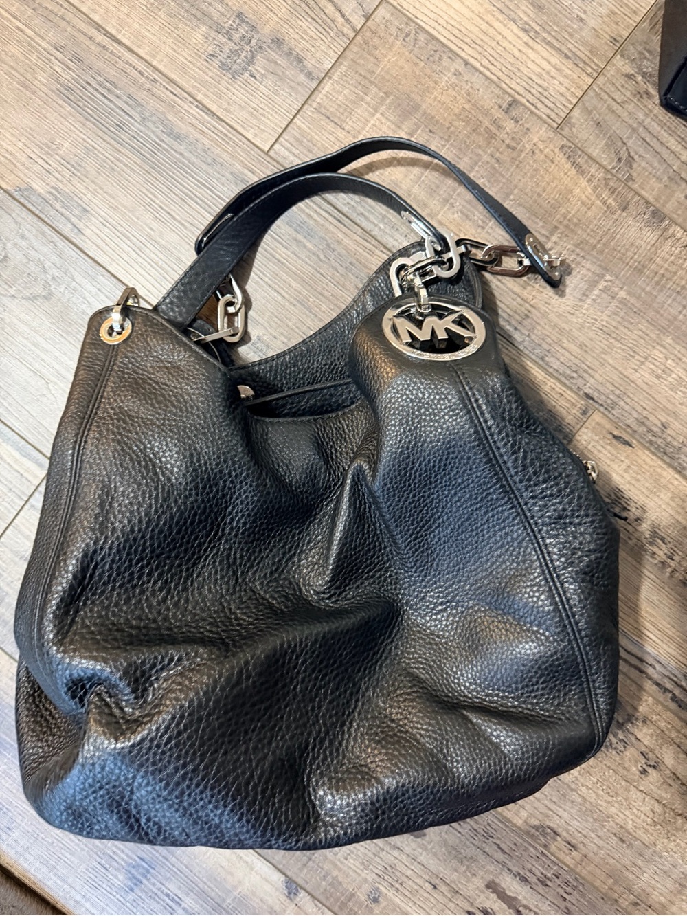 Michael Kors Black Pebbled Leather Shoulder Hobo with Silver MK Charm